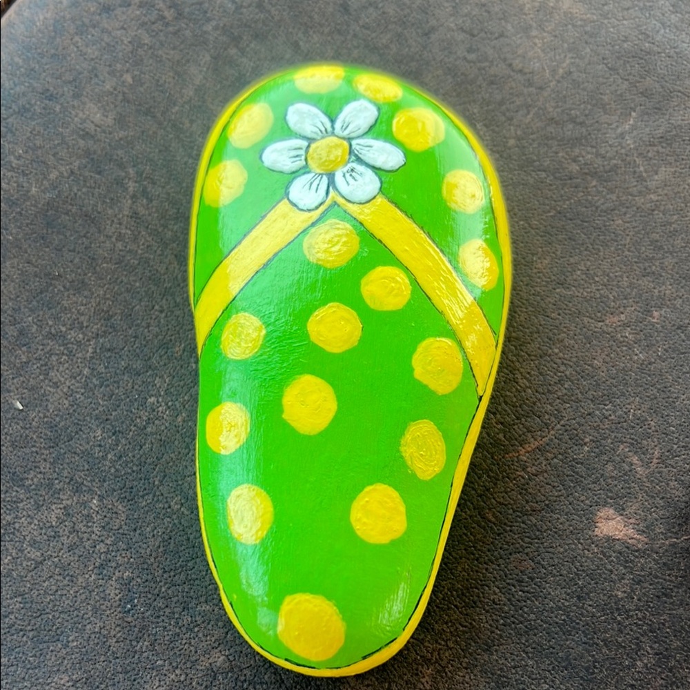 Hand-Painted Green and Yellow Decorative Stone Flip Flop Rock